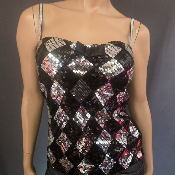 Y2K Sequin Tank Top With bow Size M Black Silver Diamond Pattern Mcbling 2000s - Picture 2 of 12